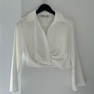 Zara Cropped White Pleated Blouse